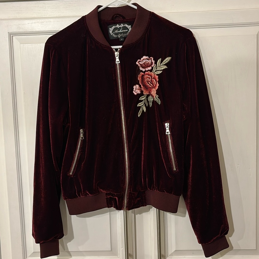 Burgundy velvet bomber jacket with embroidered rose. Sz Small